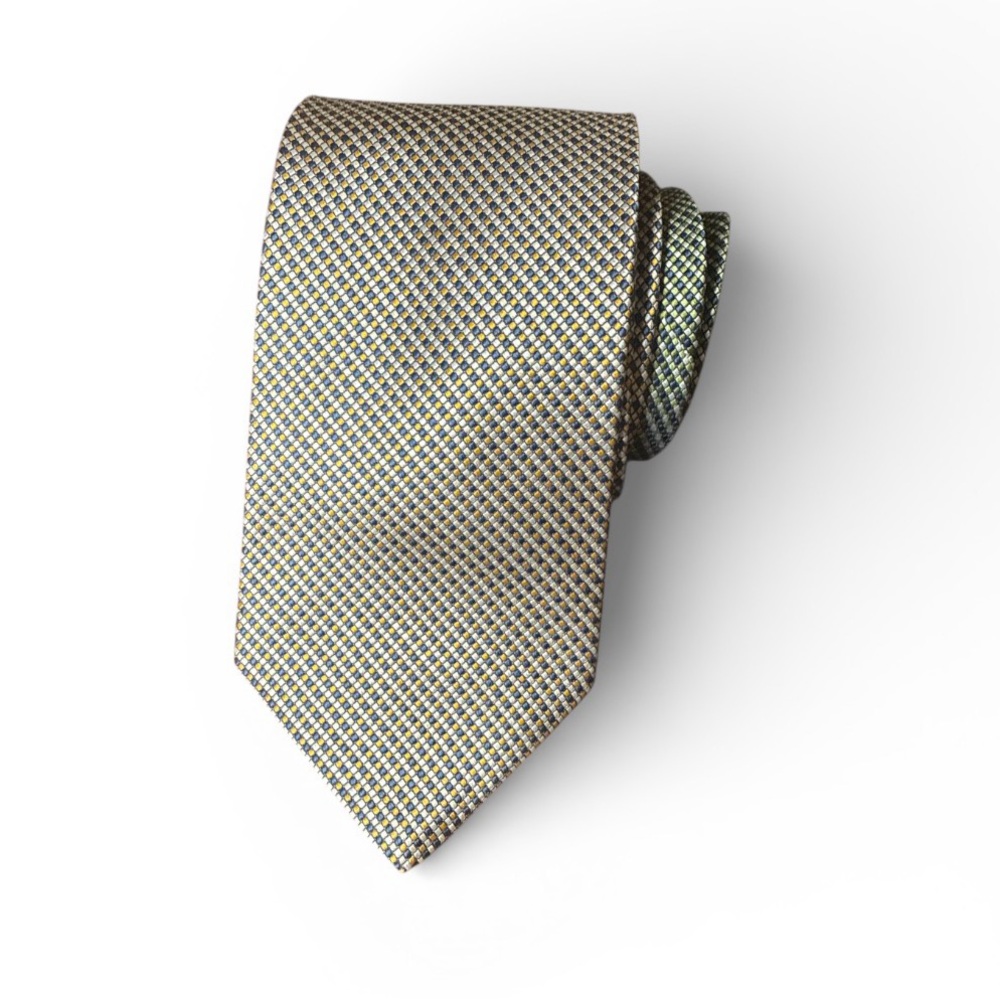 Tommy Hilfiger Men's Tie 100% Silk 57.5x3.5 Yellow Navy‎ Blue & White Geometric